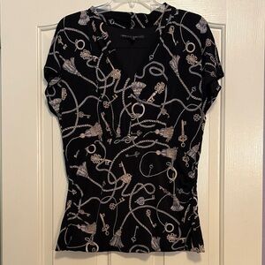 White House Black Market Short-Sleeve V-Neck Top with Rope & Tassel Motif